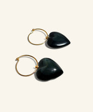 Load image into Gallery viewer, “Heart of glass” Obsidian Heart Gold Hoops
