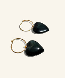 “Heart of glass” Obsidian Heart Gold Hoops