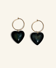 Load image into Gallery viewer, “Heart of glass” Obsidian Heart Gold Hoops
