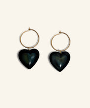 Load image into Gallery viewer, “Heart of glass” Obsidian Heart Gold Hoops