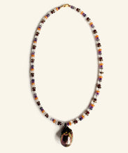 Load image into Gallery viewer, The Artemisia multi gem necklace is threaded with colour and light. Gems such as aventurine, crystal, garnet, amethyst, iolite and smoky quartz make up a string vibrating light and protection. The finishing drop is a peacock baroque pearl. colourful handmade in Australia
