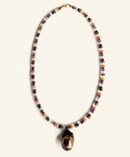 Load image into Gallery viewer, The Artemisia multi gem necklace is threaded with colour and light. Gems such as aventurine, crystal, garnet, amethyst, iolite and smoky quartz make up a string vibrating light and protection. The finishing drop is a peacock baroque pearl. colourful handmade in Australia