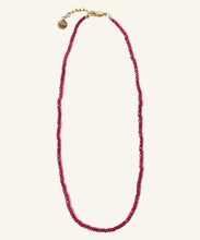 Load image into Gallery viewer, The arresting hue of this ruby necklace is both mesmerising and powerful. The colour of self confidence and fearlessness, rubies vibrate power, nobility and passion. Short and easy to wear this lustrous, elegant and exclusive row of intensity can be worn everyday. Make it your exclusive talisman and reminder of your own sovereignty.