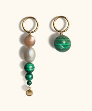 Load image into Gallery viewer, SOLSTICE ASYMMETRIC EARRINGS With its remarkable green colour and distinctive concentric  rings, malachite has a regal and mesmerising appearance.   Orbs of green malachite, pink moonstone and white pearl  make up the Solstice Asymmetric Earrings, creating a fresh  colourful expression for summer.