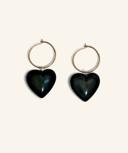 “Heart of glass” Obsidian Heart Gold Hoops