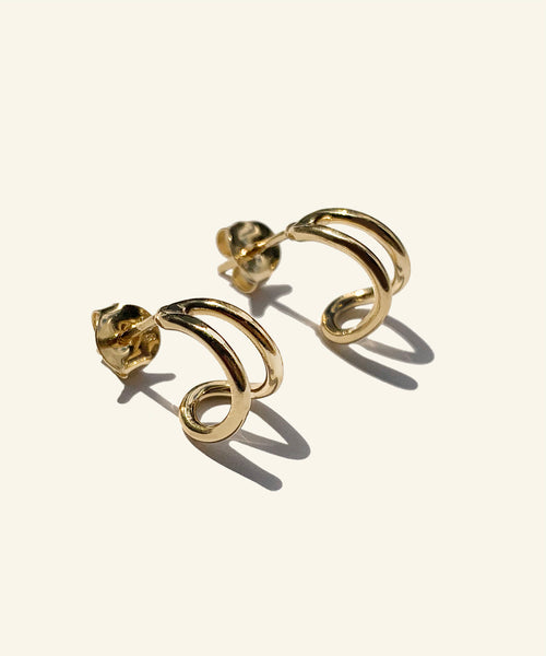 The Gold split earrings gives an illusion of wearing two rings at once. The golden line travels in an elegant curve under the lope and back again. Can be worn down or turned upside down.      18ct gold plated sterling silver. handmade in australia
