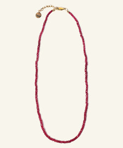 The arresting hue of this ruby necklace is both mesmerising and powerful. The colour of self confidence and fearlessness, rubies vibrate power, nobility and passion. Short and easy to wear this lustrous, elegant and exclusive row of intensity can be worn everyday. Make it your exclusive talisman and reminder of your own sovereignty. 
