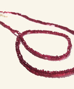 The arresting hue of this ruby necklace is both mesmerising and powerful. The colour of self confidence and fearlessness, rubies vibrate power, nobility and passion. Short and easy to wear this lustrous, elegant and exclusive row of intensity can be worn everyday. Make it your exclusive talisman and reminder of your own sovereignty. 
