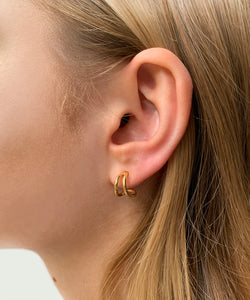 The Gold split earrings gives an illusion of wearing two rings at once. The golden line travels in an elegant curve under the lope and back again. Can be worn down or turned upside down.      18ct gold plated sterling silver. handmade in australia